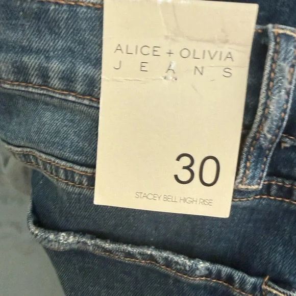 Alice + Olivia Faux Leather Patchwork High Rise Blue Flare Jeans - Picture 7 of 9